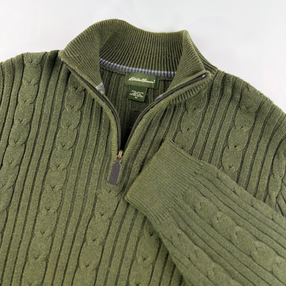 Eddie Bauer Quarter Zip Sweater Mens Medium Olive Green Cable Knit Cotton Mock